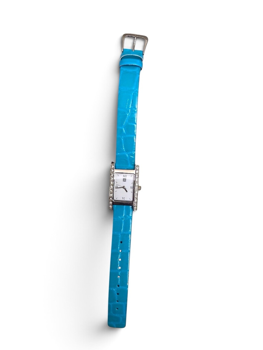 Vintage Givenchy Parfums Crystal Tank Watch Turquoise Blue Genuine Leather Strap